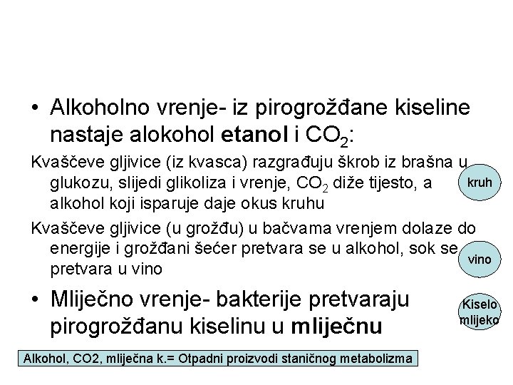  • Alkoholno vrenje- iz pirogrožđane kiseline nastaje alokohol etanol i CO 2: Kvaščeve