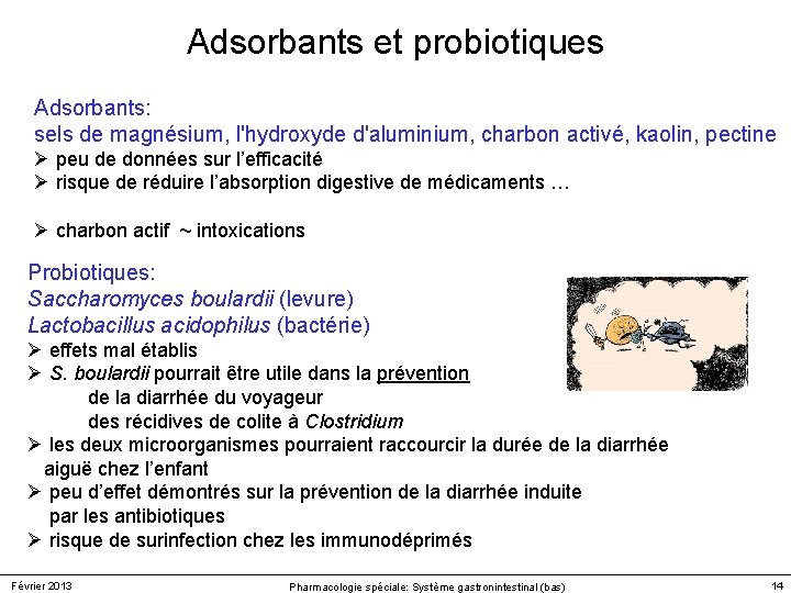 Adsorbants et probiotiques Adsorbants: sels de magnésium, l'hydroxyde d'aluminium, charbon activé, kaolin, pectine Ø Adsorbants et probiotiques Adsorbants: sels de magnésium, l'hydroxyde d'aluminium, charbon activé, kaolin, pectine Ø