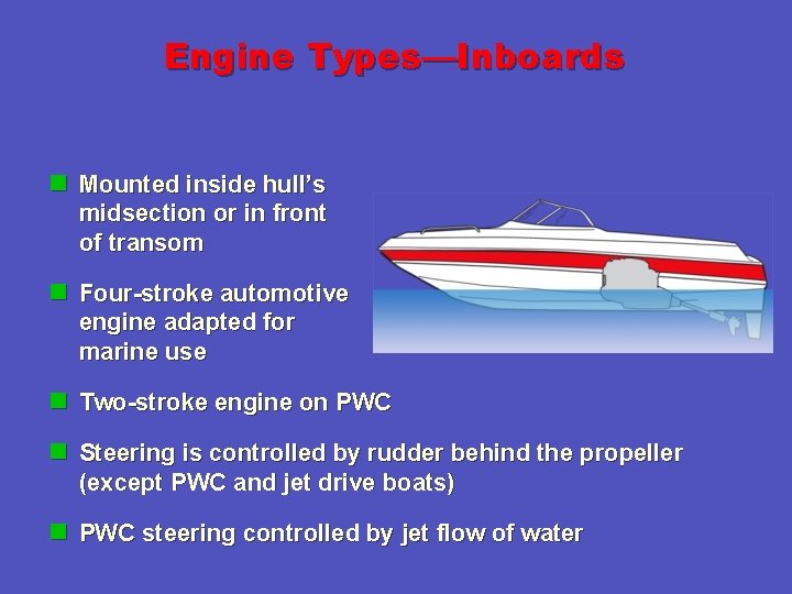 Engine Types—Inboards n Mounted inside hull’s midsection or in front of transom n Four-stroke