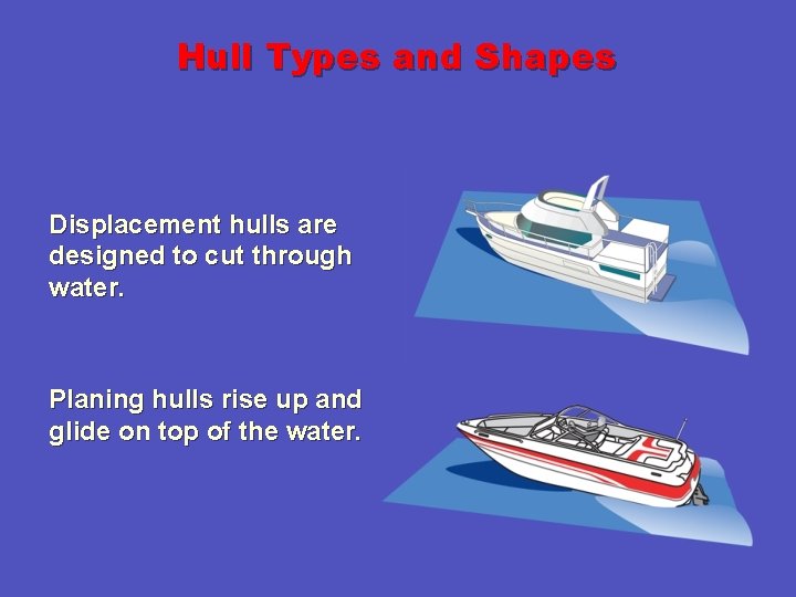 Hull Types and Shapes Displacement hulls are designed to cut through water. Planing hulls