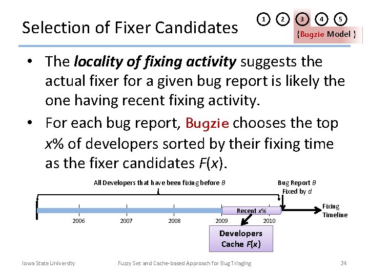 Selection of Fixer Candidates 1 2 3 4 5 {Bugzie Model } • The