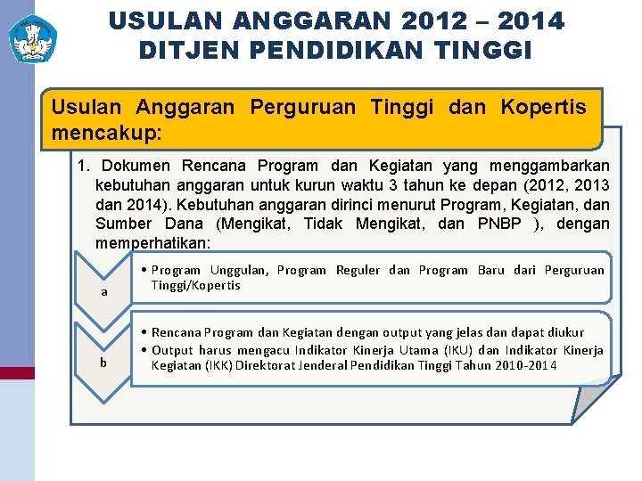 USULAN ANGGARAN 2012 – 2014 DITJEN PENDIDIKAN TINGGI Usulan Anggaran Perguruan Tinggi dan Kopertis