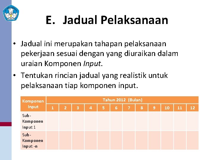 E. Jadual Pelaksanaan • Jadual ini merupakan tahapan pelaksanaan pekerjaan sesuai dengan yang diuraikan