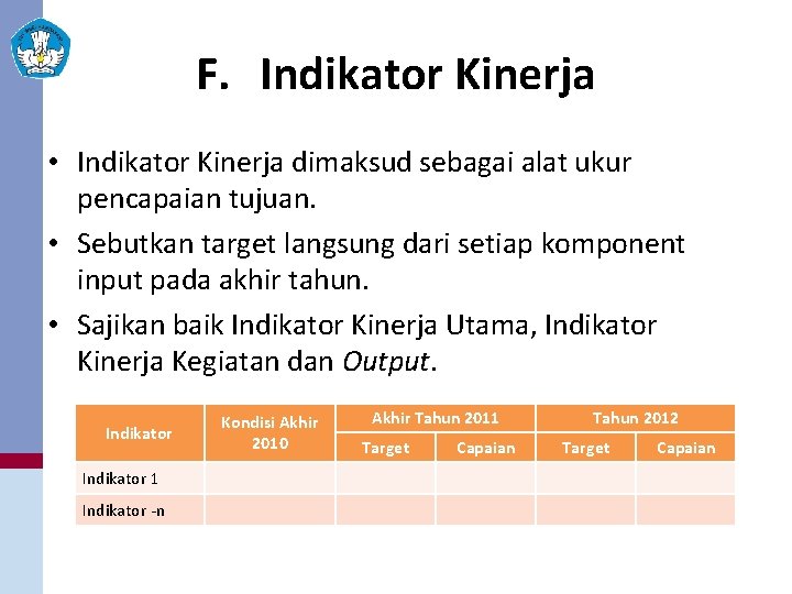F. Indikator Kinerja • Indikator Kinerja dimaksud sebagai alat ukur pencapaian tujuan. • Sebutkan