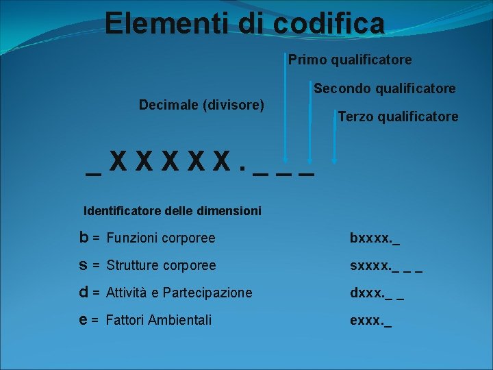 Elementi di codifica Primo qualificatore Secondo qualificatore Decimale (divisore) Terzo qualificatore _XXXXX. ___ Identificatore