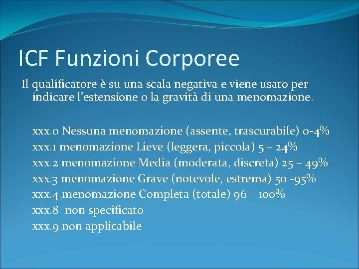 ICF Funzioni Corporee Il qualificatore è su una scala negativa e viene usato per