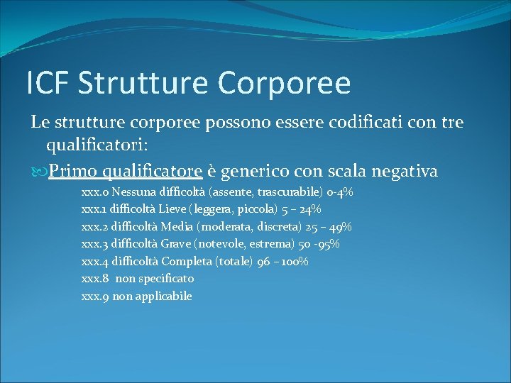 ICF Strutture Corporee Le strutture corporee possono essere codificati con tre qualificatori: Primo qualificatore
