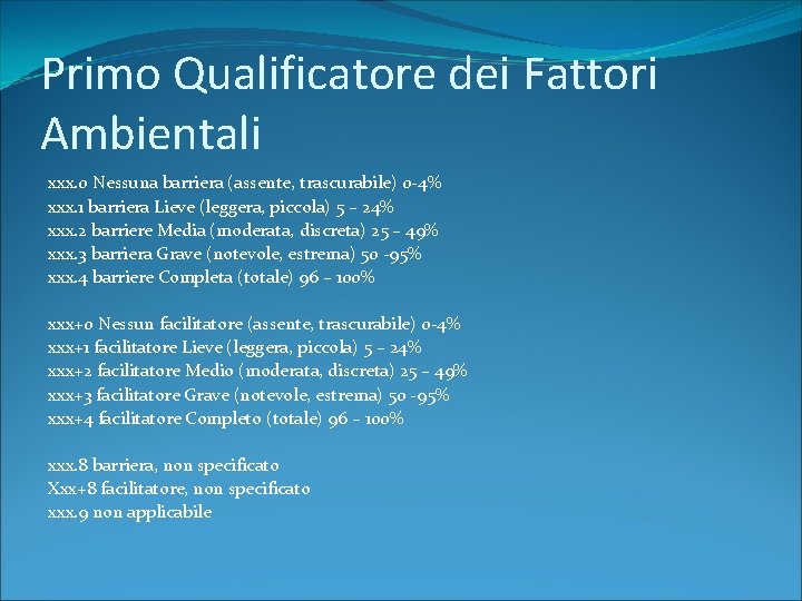 Primo Qualificatore dei Fattori Ambientali xxx. 0 Nessuna barriera (assente, trascurabile) 0 -4% xxx.