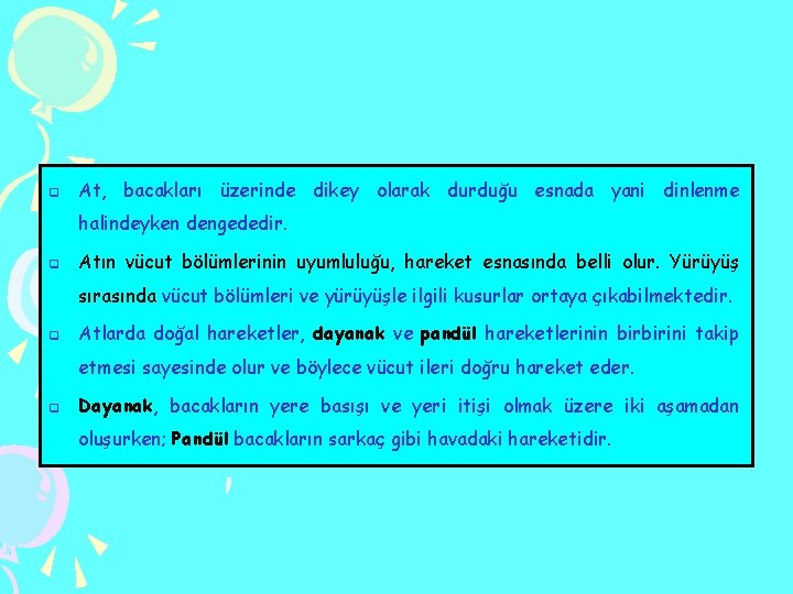 q At, bacakları üzerinde dikey olarak durduğu esnada yani dinlenme halindeyken dengededir. q Atın