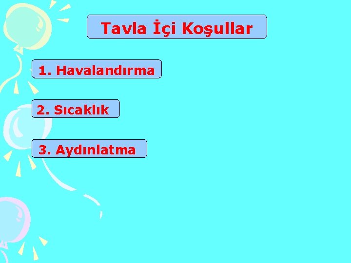 Tavla İçi Koşullar 1. Havalandırma 2. Sıcaklık 3. Aydınlatma 