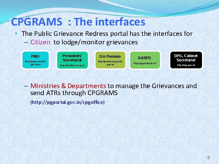 CPGRAMS : The interfaces • The Public Grievance Redress portal has the interfaces for