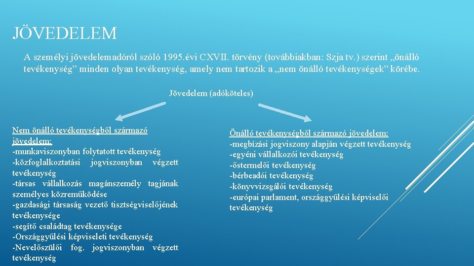 JÖVEDELEM A személyi jövedelemadóról szóló 1995. évi CXVII. törvény (továbbiakban: Szja tv. ) szerint JÖVEDELEM A személyi jövedelemadóról szóló 1995. évi CXVII. törvény (továbbiakban: Szja tv. ) szerint