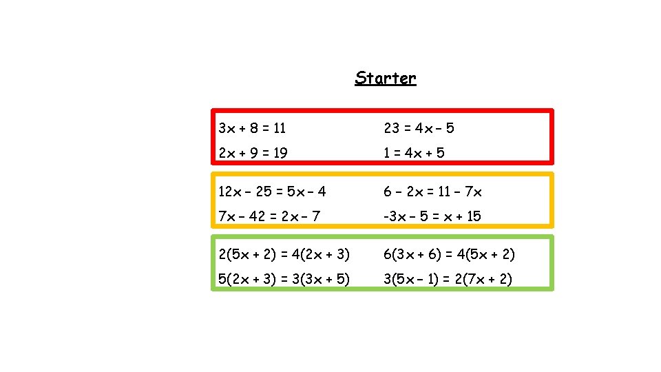 Starter 3 x + 8 = 11 23 = 4 x – 5 2