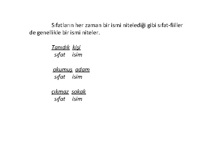 Sıfatların her zaman bir ismi nitelediği gibi sıfat-fiiller de genellikle bir ismi niteler. Tanıdık