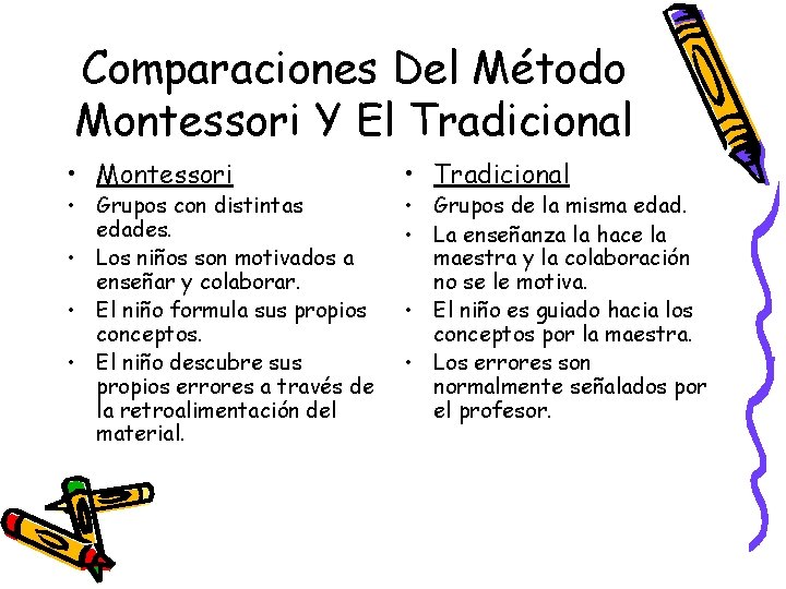 Comparaciones Del Método Montessori Y El Tradicional • Montessori • Grupos con distintas edades.