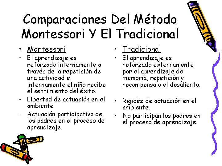 Comparaciones Del Método Montessori Y El Tradicional • Montessori • El aprendizaje es reforzado