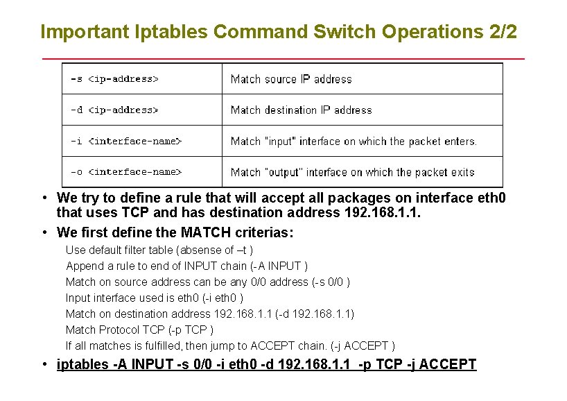 Important Iptables Command Switch Operations 2/2 • We try to define a rule that