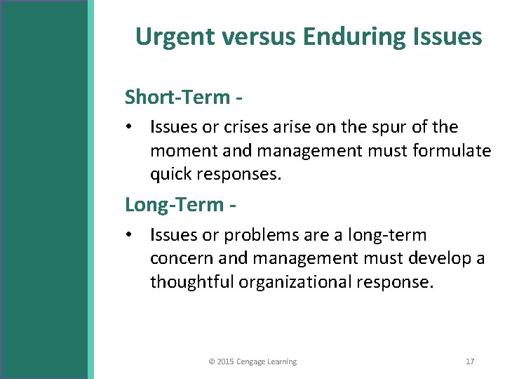Urgent versus Enduring Issues Short-Term • Issues or crises arise on the spur of