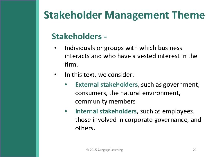 Stakeholder Management Theme Stakeholders • • Individuals or groups with which business interacts and