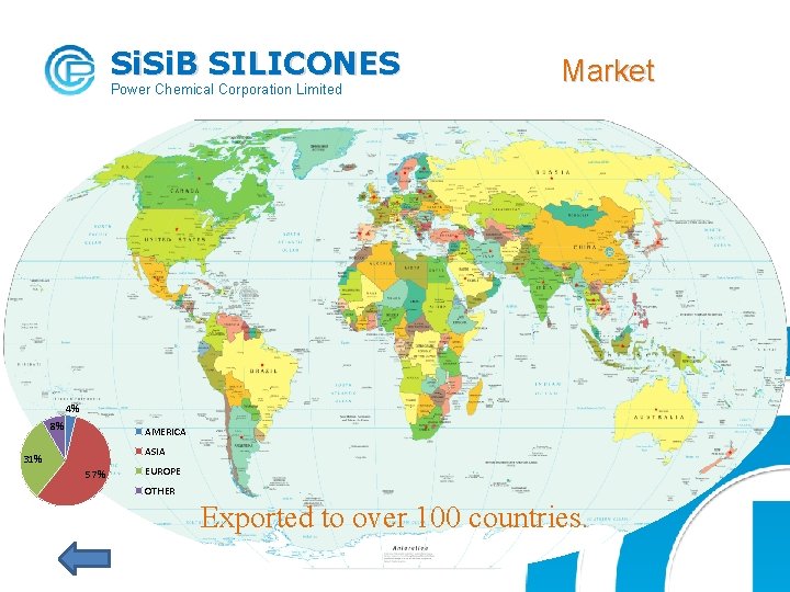 Si. B SILICONES Power Chemical Corporation Limited Market 4% 8% AMERICA ASIA 31% 57%