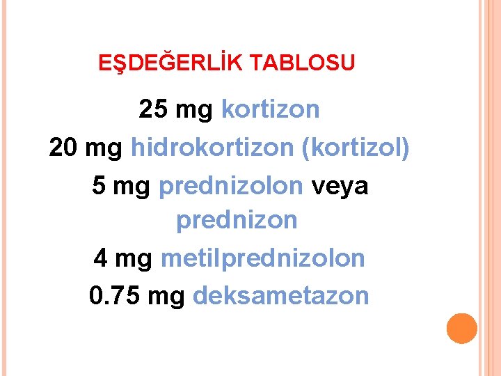 EŞDEĞERLİK TABLOSU 25 mg kortizon 20 mg hidrokortizon (kortizol) 5 mg prednizolon veya prednizon