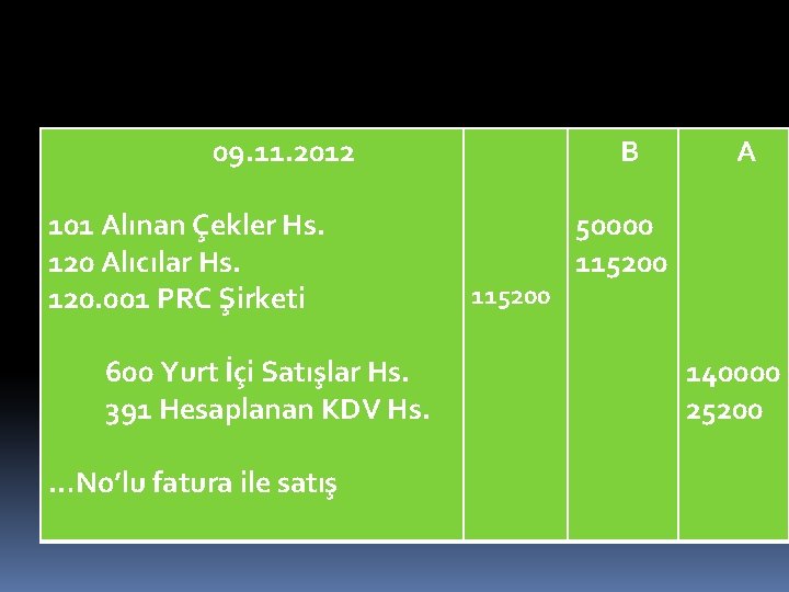 09. 11. 2012 101 Alınan Çekler Hs. 120 Alıcılar Hs. 120. 001 PRC Şirketi