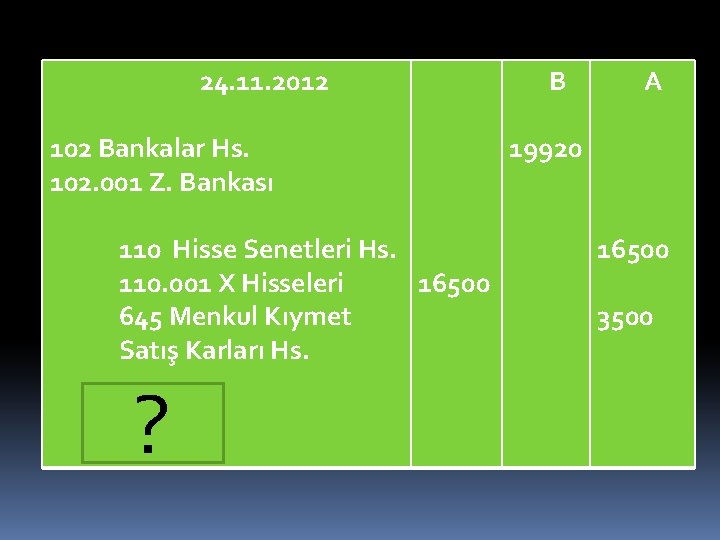 24. 11. 2012 102 Bankalar Hs. 102. 001 Z. Bankası 110 Hisse Senetleri Hs.