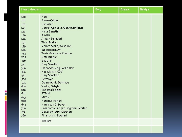Hesap Grupları 100 101 102 103 110 121 153 159 191 253 255 320