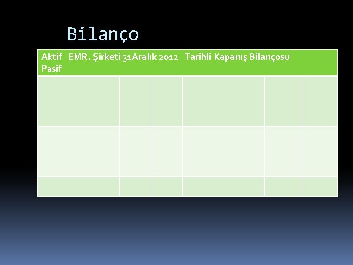 Bilanço Aktif EMR. Şirketi 31 Aralık 2012 Tarihli Kapanış Bilançosu Pasif 