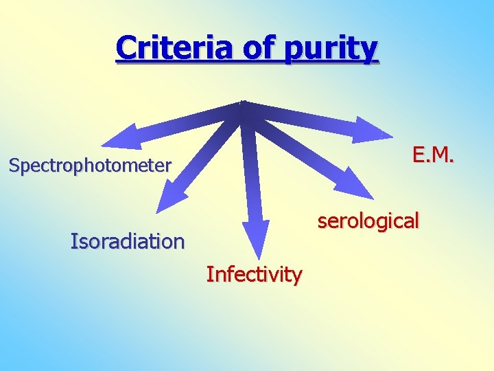 Criteria of purity E. M. Spectrophotometer serological Isoradiation Infectivity 