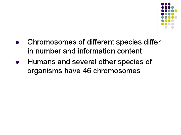 l l Chromosomes of different species differ in number and information content Humans and