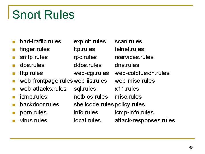 Snort Rules n n n bad-traffic. rules exploit. rules scan. rules finger. rules ftp.