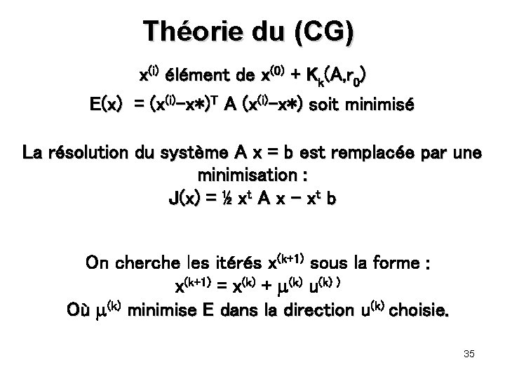 Théorie du (CG) x(i) élément de x(0) + Kk(A, r 0) E(x) = (x(i)-x*)T