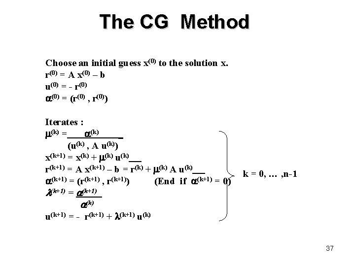 The CG Method Choose an initial guess x(0) to the solution x. r(0) =