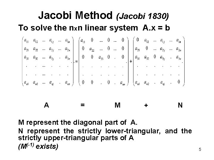 Jacobi Method (Jacobi 1830) To solve the nxn linear system A. x = b