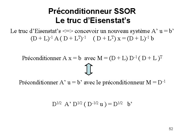 Préconditionneur SSOR Le truc d’Eisenstat’s <=> concevoir un nouveau système A’ u = b’