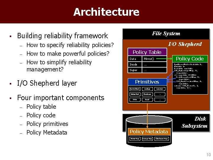 Architecture § – – – § § File System Building reliability framework How to