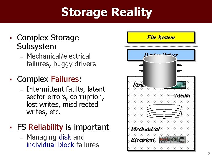 Storage Reality § Complex Storage Subsystem – § Complex Failures: – § Mechanical/electrical failures,