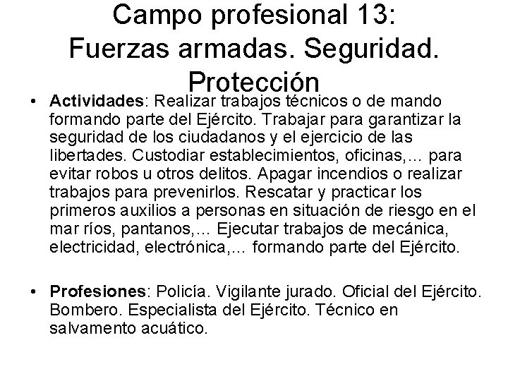 Campo profesional 13: Fuerzas armadas. Seguridad. Protección • Actividades: Realizar trabajos técnicos o de