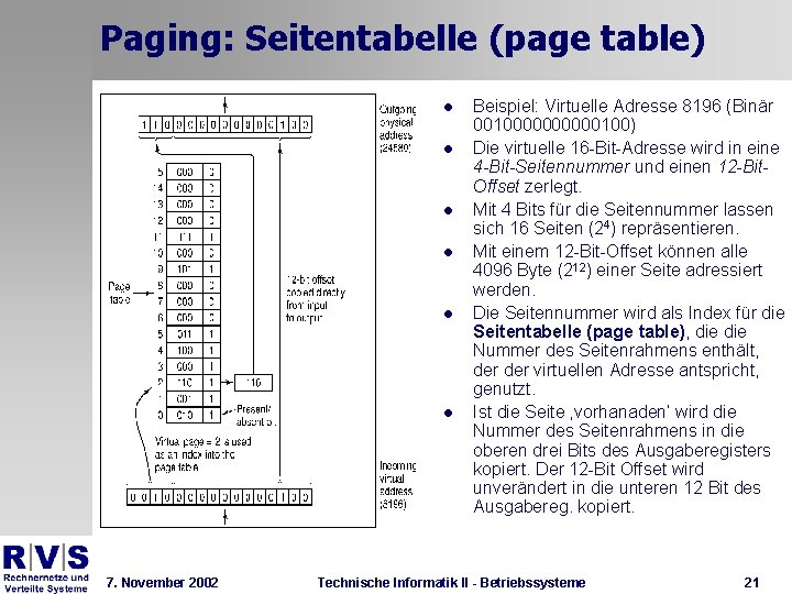 Paging: Seitentabelle (page table) l l l 7. November 2002 Beispiel: Virtuelle Adresse 8196