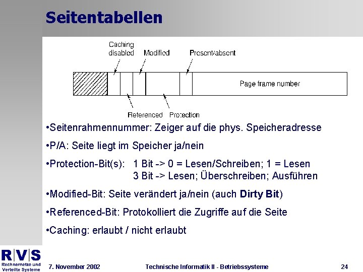 Seitentabellen • Seitenrahmennummer: Zeiger auf die phys. Speicheradresse • P/A: Seite liegt im Speicher