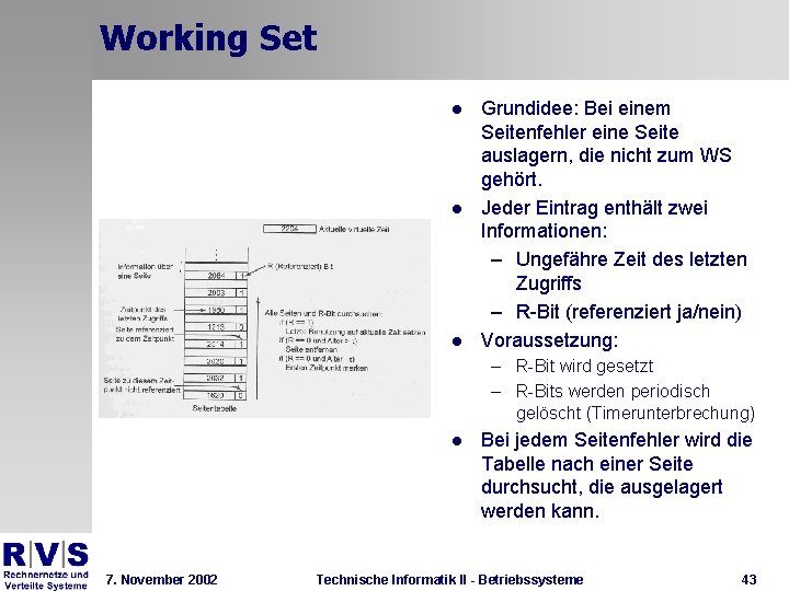 Working Set l l l Grundidee: Bei einem Seitenfehler eine Seite auslagern, die nicht