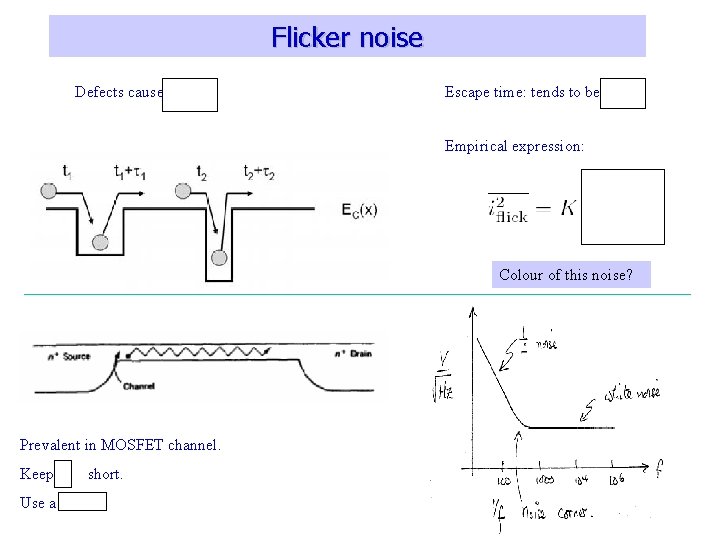 Flicker noise Defects cause ''traps" Escape time: tends to be long Empirical expression: Colour
