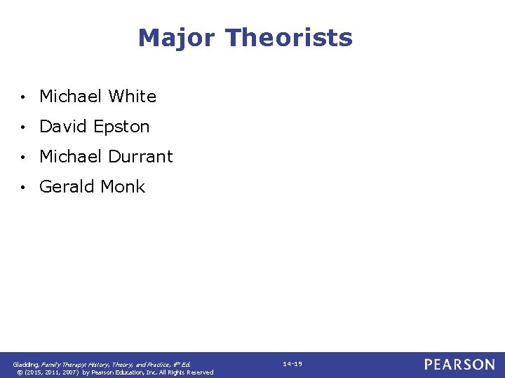 Major Theorists • Michael White • David Epston • Michael Durrant • Gerald Monk