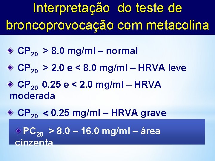 Interpretação do teste de broncoprovocação com metacolina CP 20 > 8. 0 mg/ml –