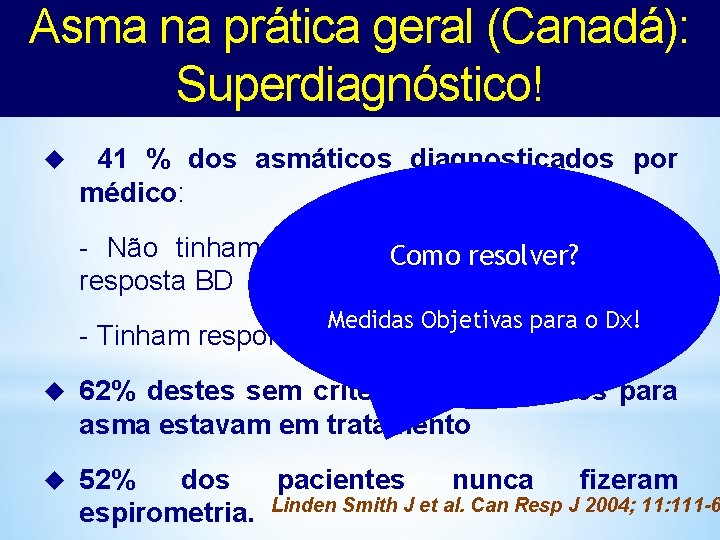 Asma na prática geral (Canadá): Superdiagnóstico! u 41 % dos asmáticos diagnosticados por médico: