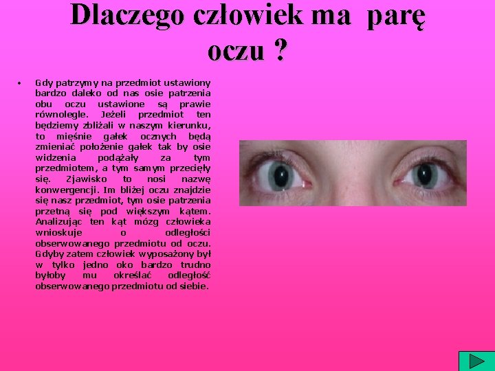 Dlaczego człowiek ma parę oczu ? • Gdy patrzymy na przedmiot ustawiony bardzo daleko