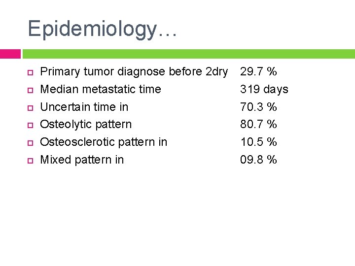 Epidemiology… Primary tumor diagnose before 2 dry Median metastatic time Uncertain time in Osteolytic