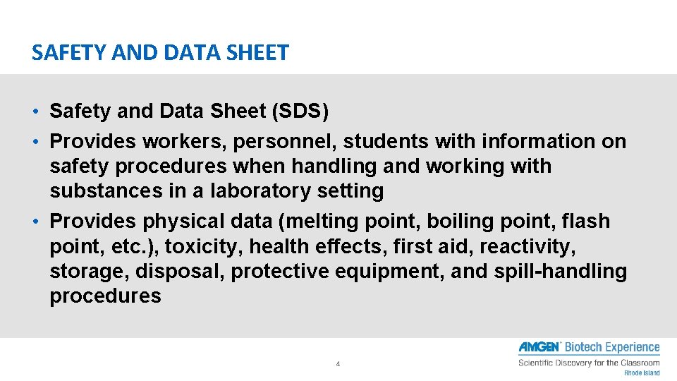 SAFETY AND DATA SHEET • Safety and Data Sheet (SDS) • Provides workers, personnel,