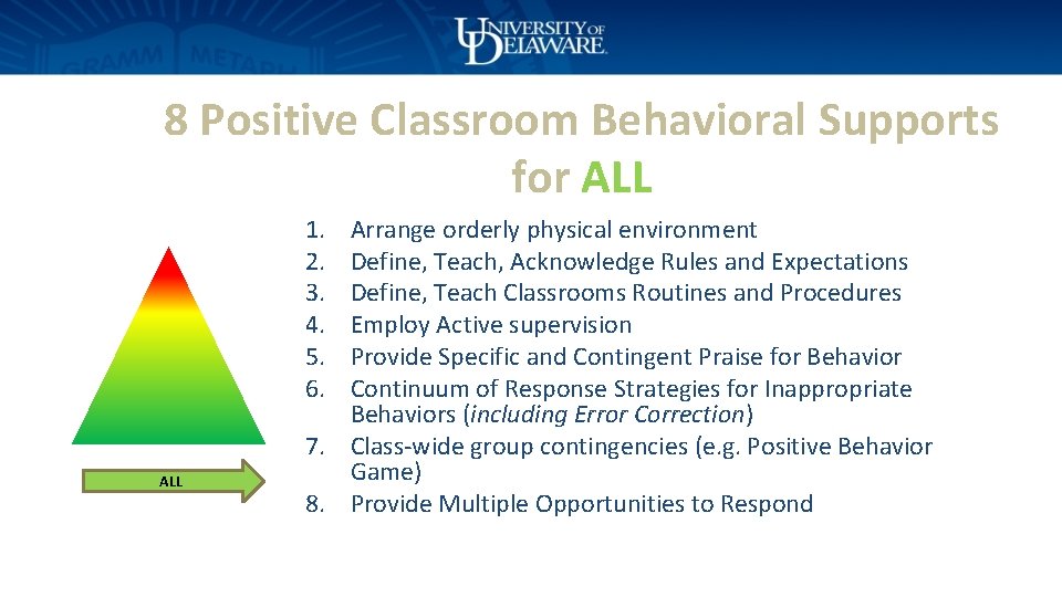 8 Positive Classroom Behavioral Supports for ALL 1. 2. 3. 4. 5. 6. ALL